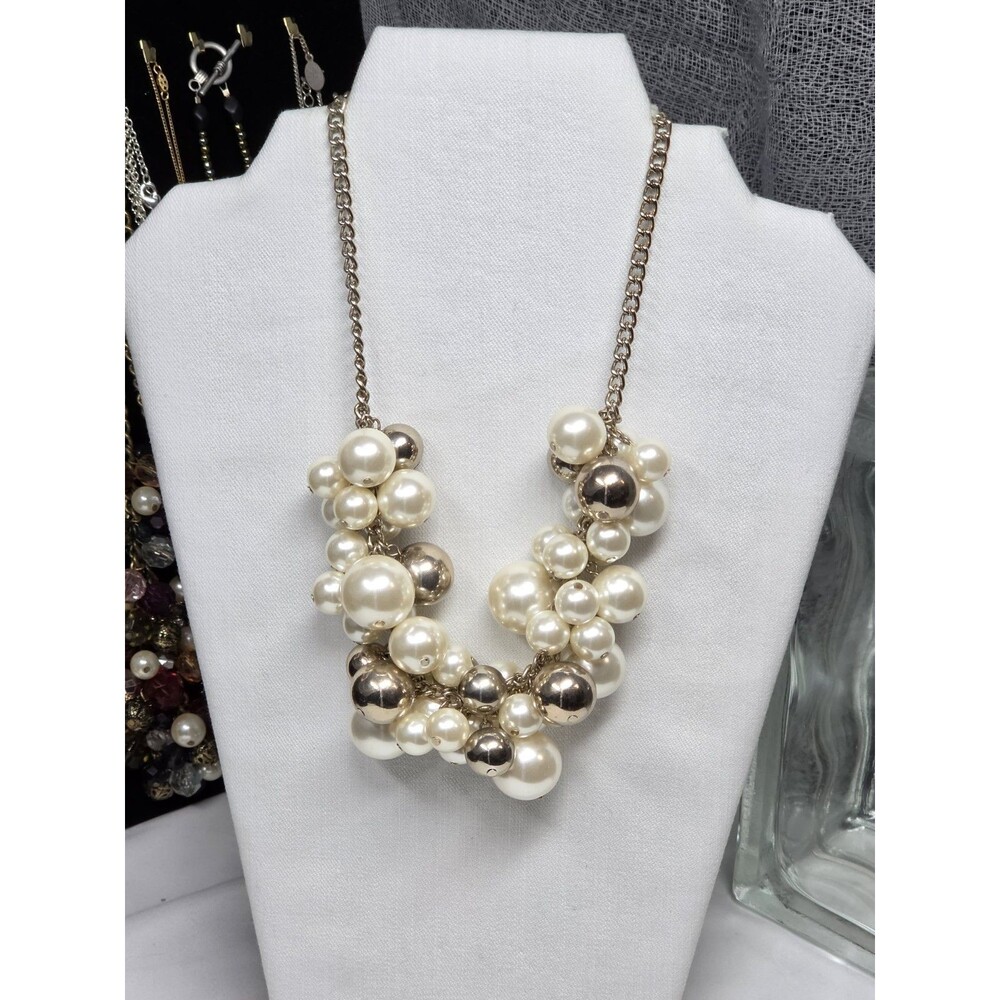 Express Statement Necklace Faux Pearl Cluster Bib Gold Tone Chain Adjustable